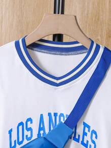 SHEIN 女大童字母圖案條紋飾邊套頭衫&翻蓋口袋工裝褲附包 - 藍白色 - 查看 6