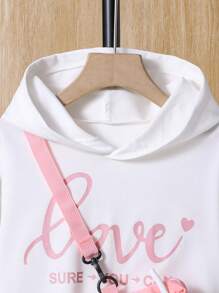 SHEIN Tween Girl Letter Graphic Hoodie & Flap Pocket Pants & Bag - Multicolor - View 6