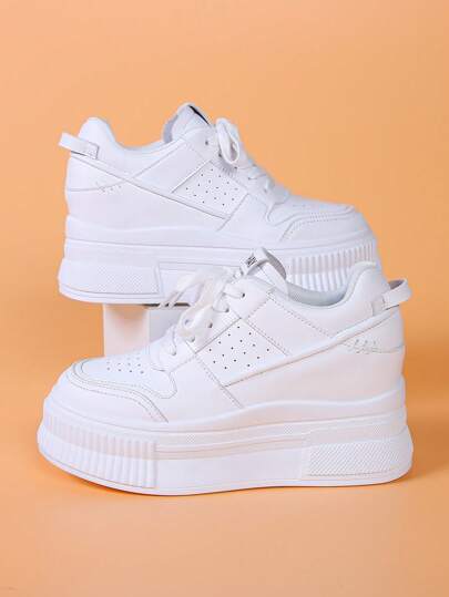 Women's Platform Sneakers, White Casual Shoes, Fashion Versatile Comfortable Low-Top, Height Increasing Shoes For Petite