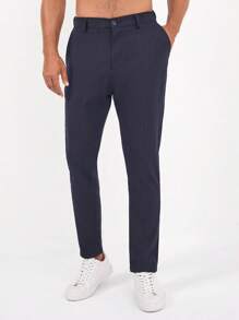 RueChic Men Striped Print Slant Pocket Suit Pants - Navy Blue - View 1