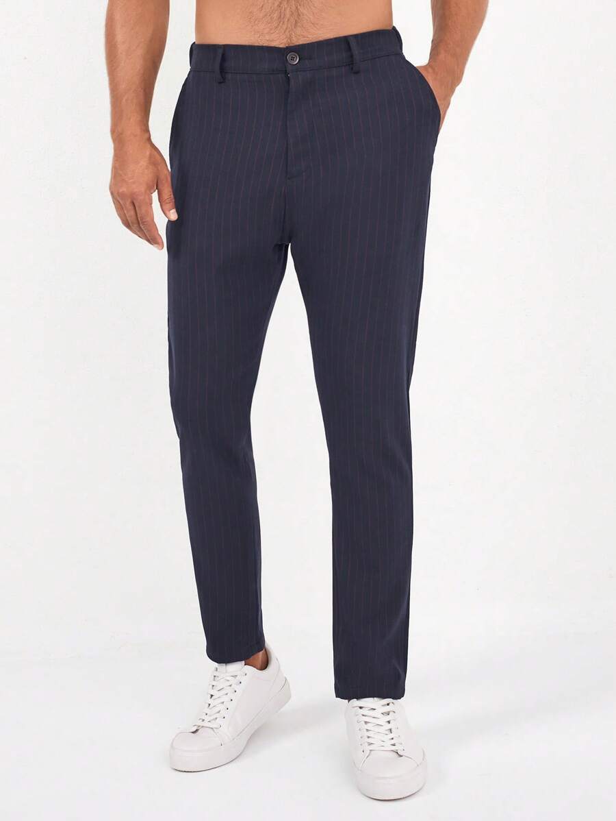 RueChic Men Striped Print Slant Pocket Suit Pants - Navy Blue - View 1
