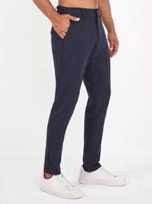 RueChic Men Striped Print Slant Pocket Suit Pants - Navy Blue - View 5