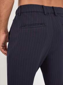 RueChic Men Striped Print Slant Pocket Suit Pants - Navy Blue - View 6