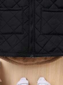SHEIN Tween Boy Dual Pocket Zipper Hooded Thermal Lined Reversible Padded Coat - Black - View 3