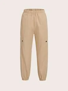 SHEIN Tween Boy Solid Slant Pocket Trousers - Khaki - View 1