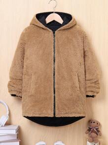 SHEIN Tween Boy Dual Pocket Zipper Hooded Thermal Lined Reversible Padded Coat - Black - View 12