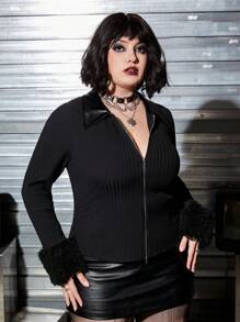 ROMWE PUNK Plus Fuzzy Cuff Zip Up Jacket