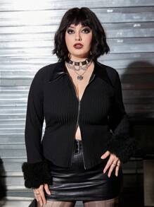 ROMWE PUNK Plus Fuzzy Cuff Zip Up Jacket