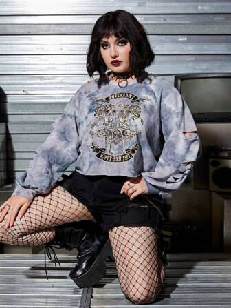 Taglie Forti Pullover tie dye lettere & con stampa teschi con strappati spalle cadenti