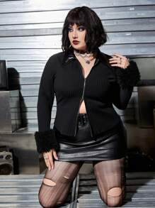 ROMWE PUNK Plus Fuzzy Cuff Zip Up Jacket