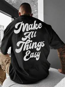 Manfinity 男士大码標語圖案落肩T恤 - 黑色 - 查看 1