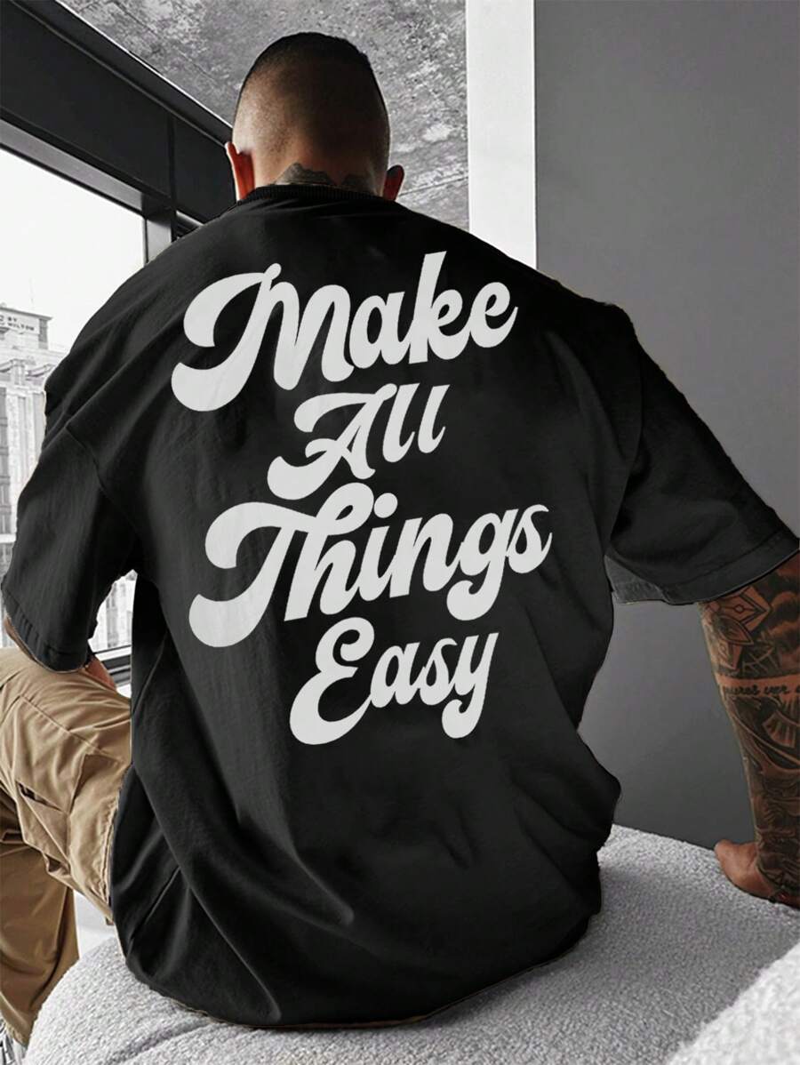 Manfinity 男士大码標語圖案落肩T恤 - 黑色 - 查看 1