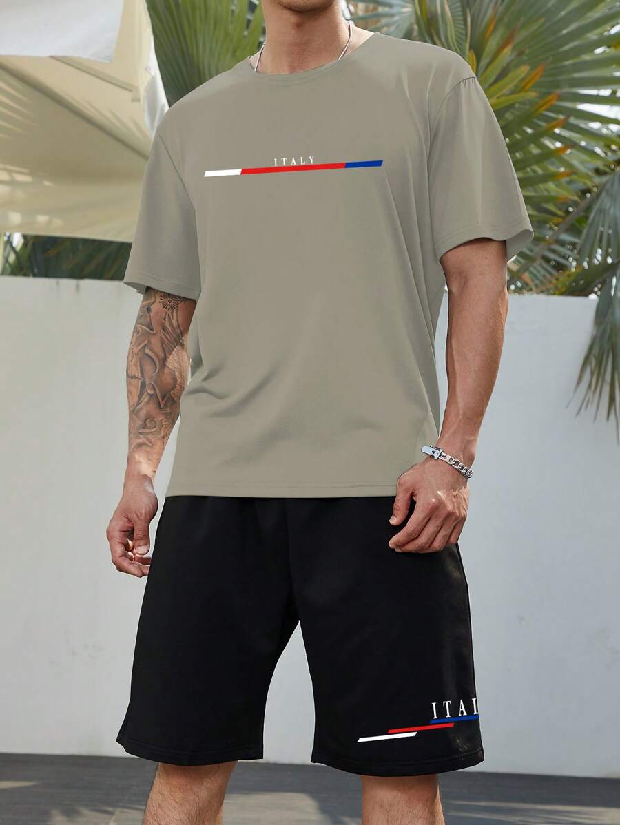 Manfinity Men Plus Letter Graphic Tee & Shorts - Khaki - View 1