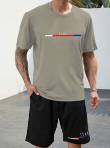 Manfinity Men Plus Letter Graphic Tee & Shorts - Khaki - View 3