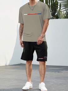 Manfinity Men Plus Letter Graphic Tee & Shorts - Khaki - View 4