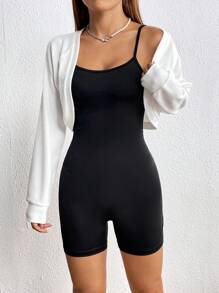 Flirla 素色吊帶連體短褲&插肩袖夾克 - 黑與白 - 查看 1