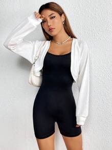 Flirla 素色吊帶連體短褲&插肩袖夾克 - 黑與白 - 查看 6