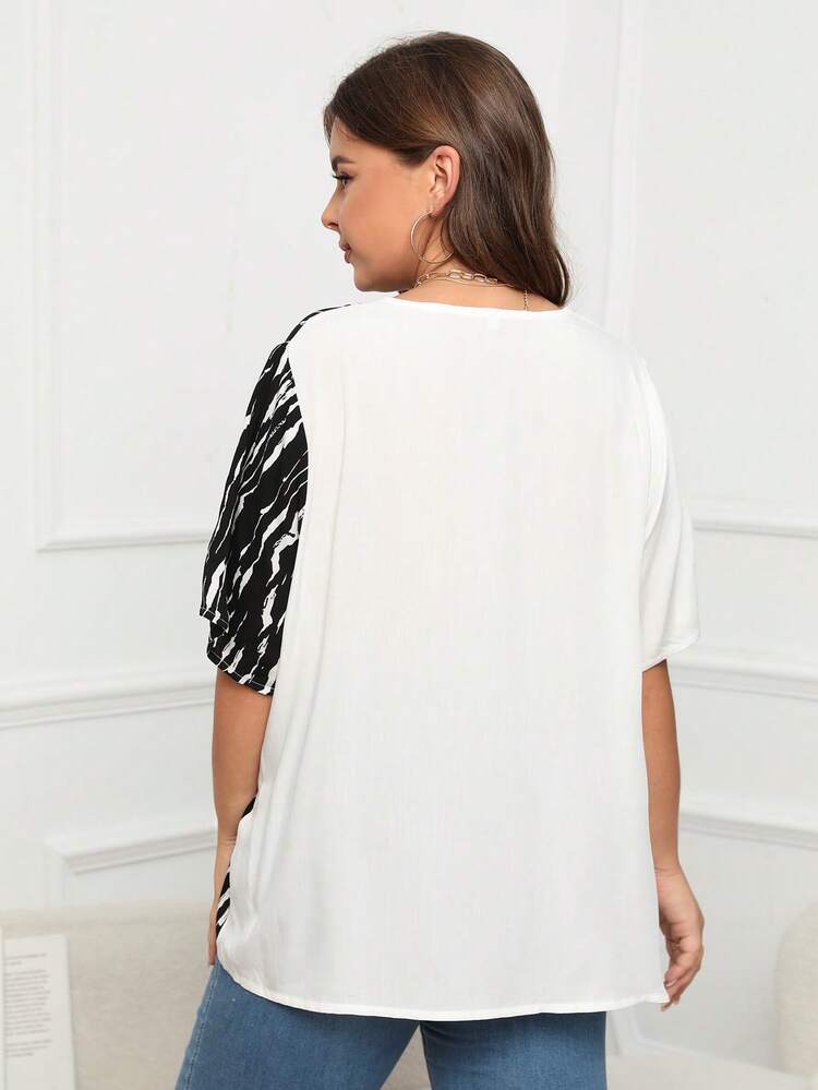 Plus Striped Print Button Front Blouse
