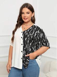 Plus Striped Print Button Front Blouse - Black and White - View 3