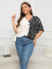 Plus Striped Print Button Front Blouse - Black and White - View 5