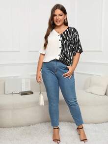 Plus Striped Print Button Front Blouse - Black and White - View 6