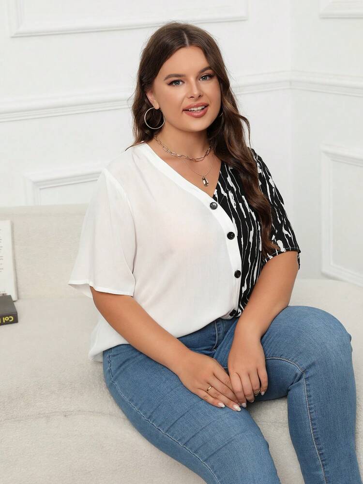 Plus Striped Print Button Front Blouse