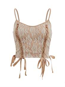 哥特式花卉刺繡前繫帶吊帶上衣 - 卡其色 - 查看 1