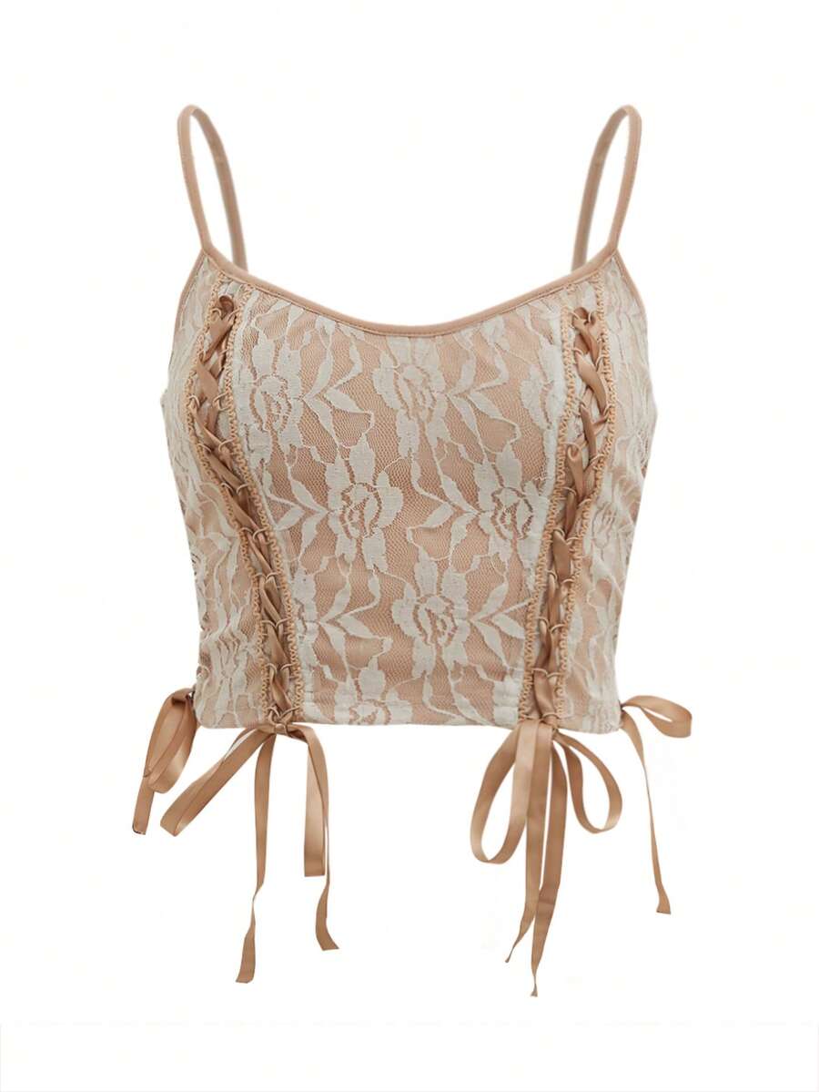 哥特式花卉刺繡前繫帶吊帶上衣 - 卡其色 - 查看 1