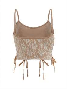 哥特式花卉刺繡前繫帶吊帶上衣 - 卡其色 - 查看 2