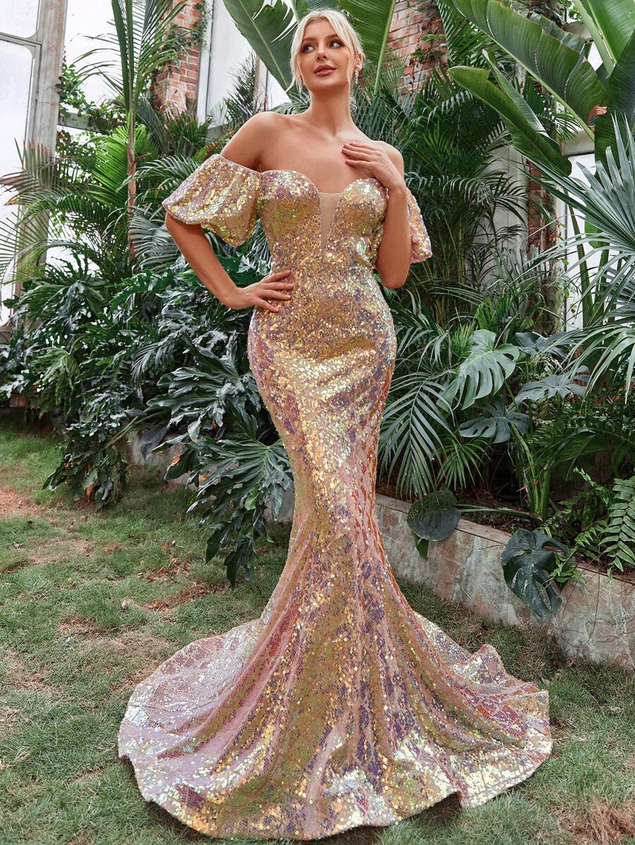Off Shoulder Mermaid Hem Sequin Formal Dress - Gold - View 1