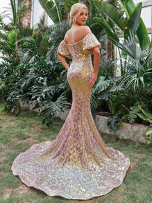Off Shoulder Mermaid Hem Sequin Formal Dress - Gold - View 2