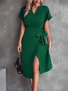SHEIN Clasi Batwing Sleeve Knot Side Wrap Hem Dress - Dark Green - View 1