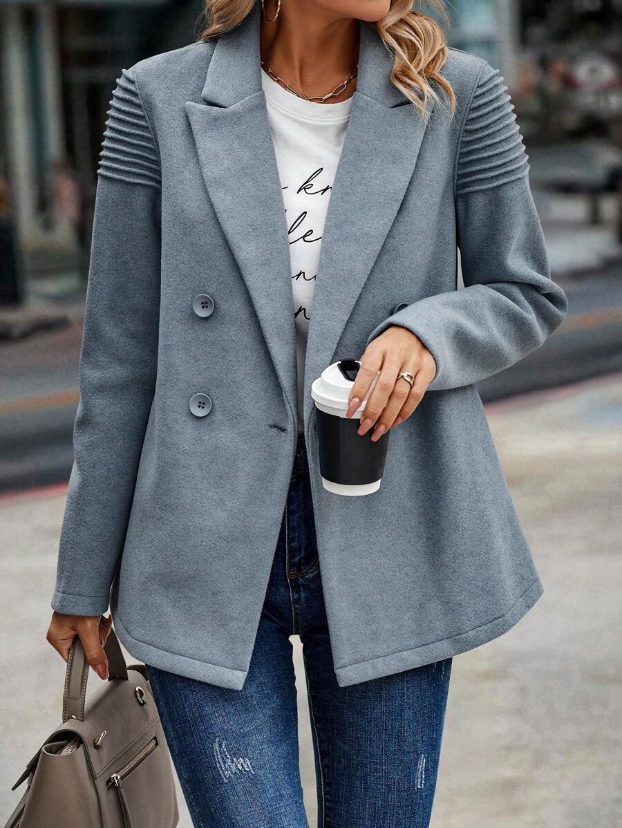 SHEIN LUNE Lapel Neck Double Breasted Blazer - Dusty Blue - View 1