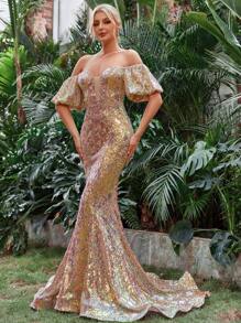 Off Shoulder Mermaid Hem Sequin Formal Dress - Gold - View 4