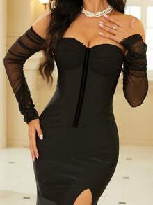 Missord 一字肩網紗拼接高衩連衣裙 - 黑色 - 查看 4