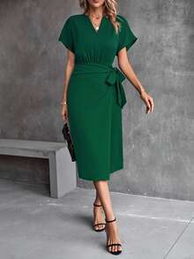 SHEIN Clasi Batwing Sleeve Knot Side Wrap Hem Dress - Dark Green - View 3