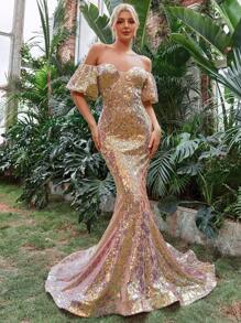 Off Shoulder Mermaid Hem Sequin Formal Dress - Gold - View 5