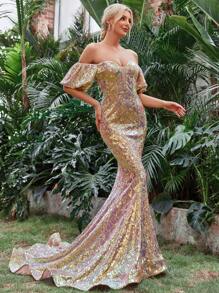 Off Shoulder Mermaid Hem Sequin Formal Dress - Gold - View 6