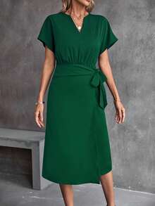 SHEIN Clasi Batwing Sleeve Knot Side Wrap Hem Dress - Dark Green - View 6
