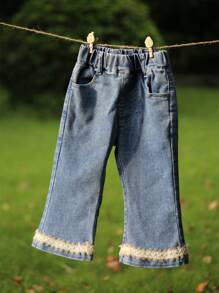 Toddler Girls Contrast Tape Flare Leg Jeans - Medium Wash - View 1