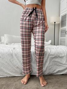 Plaid Print Bow Front Sleep Trousers - Multicolor - View 1