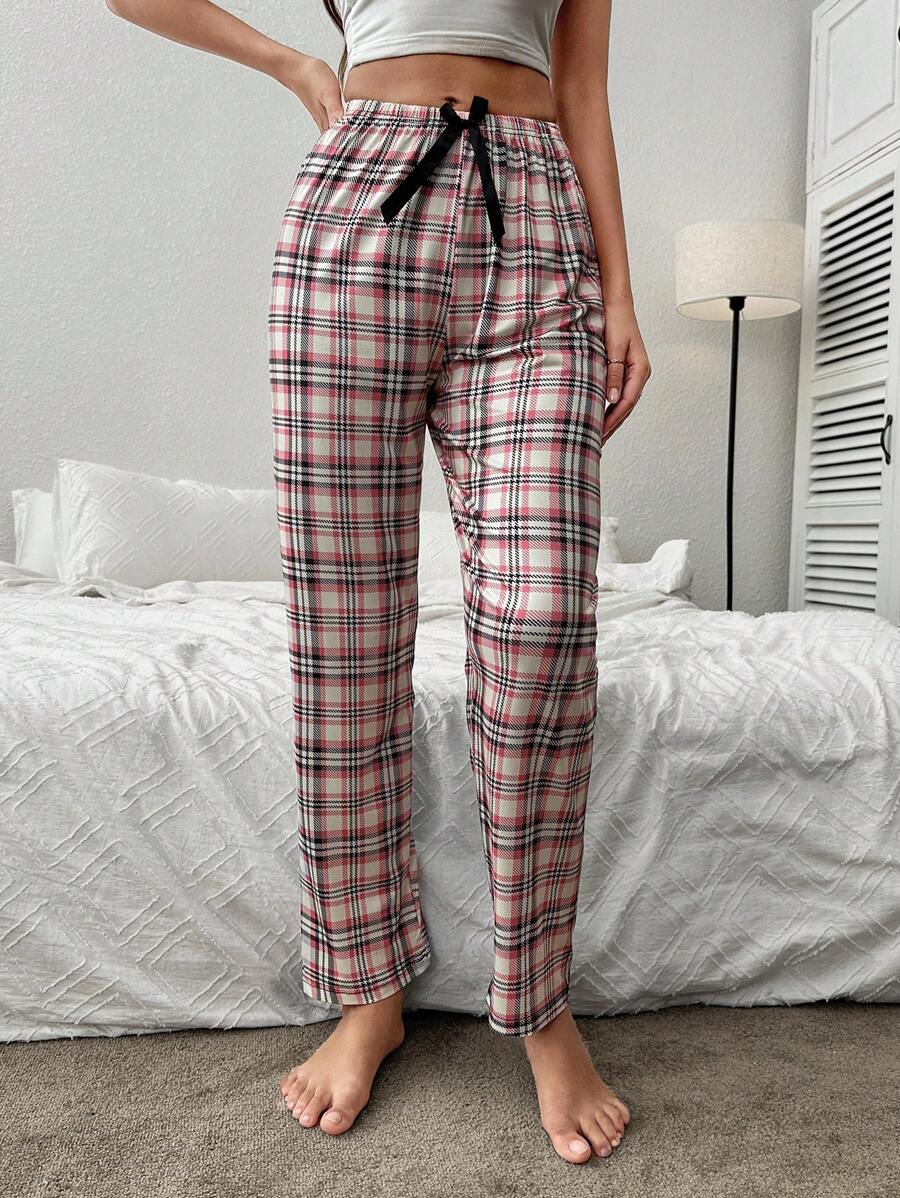 Plaid Print Bow Front Sleep Trousers - Multicolor - View 1
