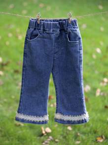 Toddler Girls Contrast Tape Flare Leg Jeans - Medium Wash - View 6