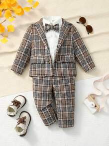 SHEIN Baby Boy Bow Front Shirt & Plaid Brazer & Trousers - Multicolor - View 1