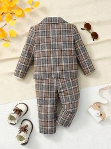 SHEIN Baby Boy Bow Front Shirt & Plaid Brazer & Trousers - Multicolor - View 2