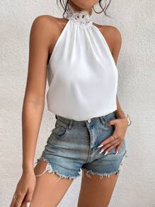 SHEIN LUNE 拼接水溶蕾絲繞頸連身背心 - 白色 - 查看 1