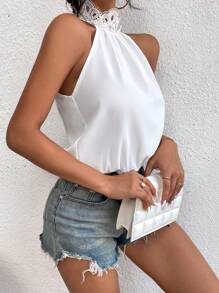 SHEIN LUNE 拼接水溶蕾絲繞頸連身背心 - 白色 - 查看 3