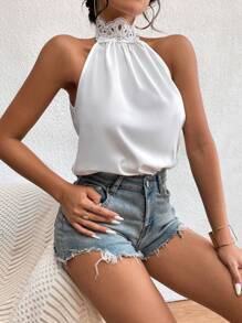 SHEIN LUNE 拼接水溶蕾絲繞頸連身背心 - 白色 - 查看 5