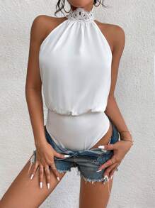 SHEIN LUNE 拼接水溶蕾絲繞頸連身背心 - 白色 - 查看 6