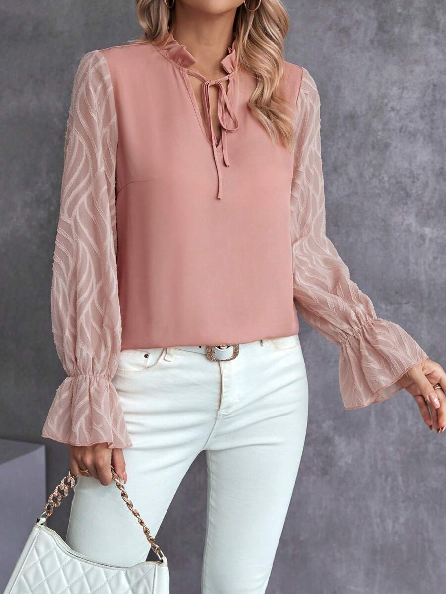 SHEIN Clasi 繫帶領荷葉袖襯衫 - 粉色 - 查看 1
